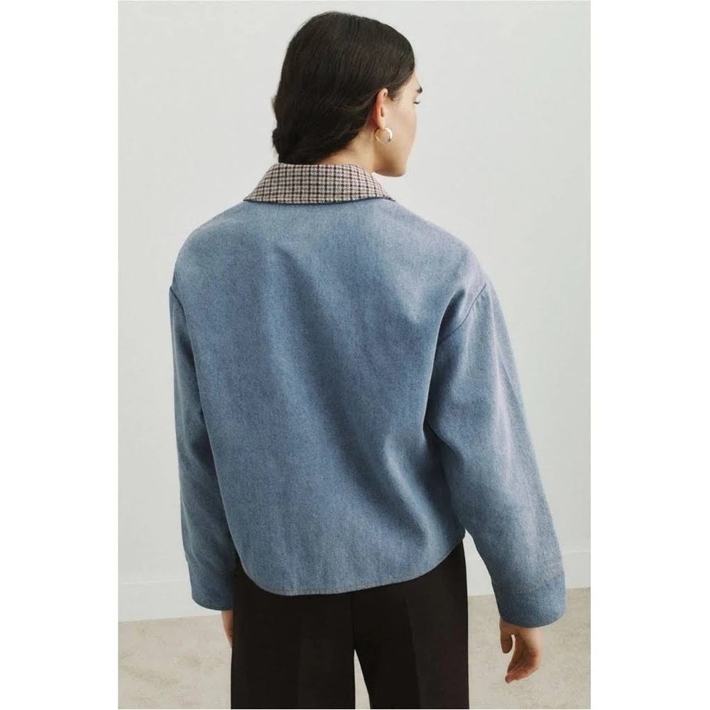 Sandro Jacket Denim Blue Houndstooth Contrast Collar Button Front Sz 42 / 10 US - Picture 4 of 13